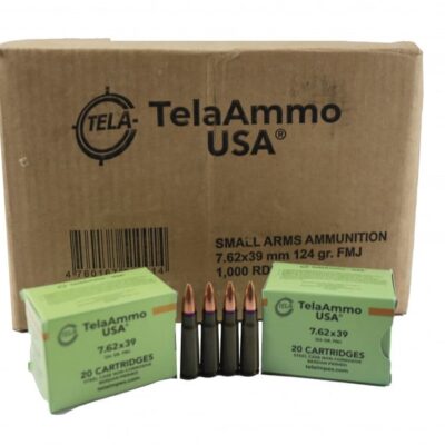 TelaAmmo Brand 7.62x39 FMJ Ammunition, 124 Grain FMJ, Steel Case, Laquer Coated, Berdan Primed, Non-Corrosive. 20 Rds/Box, Mil-Spec -1000 Round Case.