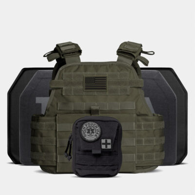 Tacticon Armament bundle with plate carrier (several colors in stock), 2x Level IV ceramic/UHWMPE 10x12'' curved plates, trauma pads, and an IFAC medical kit for $397 with code POOR50 currently here: