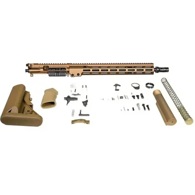 Geissele Super Duty FDE AR15 build kit with 16'' 5.56 CHF chrome lined mid-length tapered profile barrel, HUXWRX flash hider/silencer mount, pinned gas block, 15'' MLOK free floated rail, REBCG, Airborne charging handle, Super 42 buffer/spring, & SSA-E X match trigger for $1349 with code MRGUNSNGEAR here