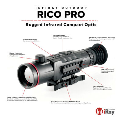 iRayUSA RICO PRO 640 variable magnification 25/50mm 1024x768 thermal optic with 7 reticle choices, multiple color palettes, & QD mount for $3,499 currently here