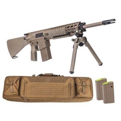 PSA FDE SABRE series AR10 with 20'' 308 barrel, detent click adjustable gas block, free floated rail, Toolcraft nitrided BCG, Magpul bipod, rifle case, 3 mags, & match trigger for $1,299 currently here:
