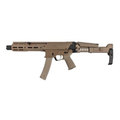 PSA JAKL-9 SD with FDE cerakote finish, 6.5'' 9mm nitrided threaded barrel, flash can muzzle device, SD width MLOK handguard, Magpul grip, Scorpion pattern magwell, and side folding adjustable brace for $1,099 here: