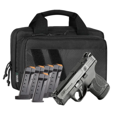 Smith & Wesson optics ready 10/13+1 Shield M&P9 Plus with flat ish trigger, 5x magazines, night sights, and Savior Equipment padded range bag for $419 currently here
