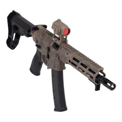 Daniel Defense DD PCC with 8.3'' 9mm CHF barrel, flash hider, "rattlecan" camo cerakote finish, MLOK free floated handguard, fully ambi lower that takes Scorpion pattern magazines, Vortex FDE red dot optic, hydraulic buffer, and SB Tactical SBA3 brace for $1,599 currently here