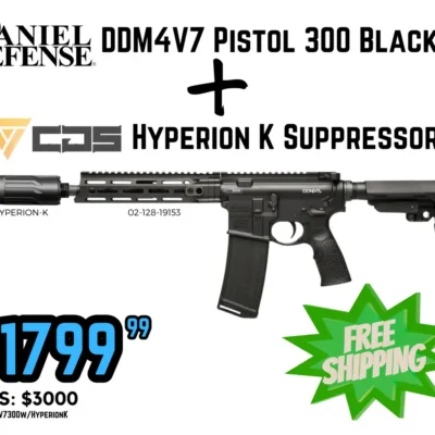 Daniel Defense V7 AR15 pistol with 10.3'' 300BLK CHF chrome lined barrel, pinned gas block, MLOK handguard, ambi safety, gas busting ambi charging handle, QD end plate, SB Tactical SBA3 brace, and a CGS Hiperion K 30 cal lightweight 3D printed titanium suppressor for $1,799