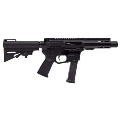 PSA Gen4 AR9 with 4'' 9mm nitrided threaded barrel, flash can muzzle device mounted under the Hex MLOK handguard, Glock magwell/magazine, Magpul grip, and H&R adjustable brace for $499 currently here