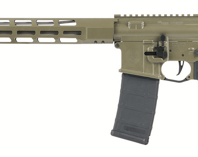 Sig Sauer M400-TREAD AR15 with 16'' 5.56 CHF stainless steel mid-length tapered profile 1:8'' twist barrel, 3 prong flash hider, match 2 stage trigger, MLOK free floated rail, moss green cerakote finish, & Magpul stock for $790 currently here