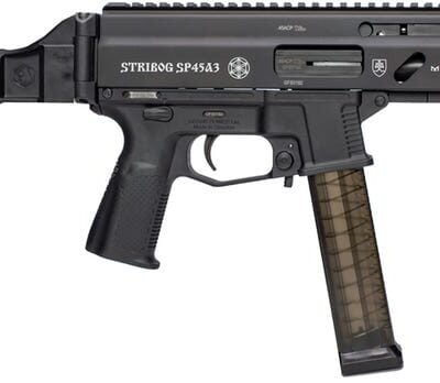 Grand Power's new SP45A3 delayed blowback pistol with CHF threaded 45ACP barrel, MLOK/1013 handguard, and folding SB Tactical brace for $1,454 (use request a price button) currently here