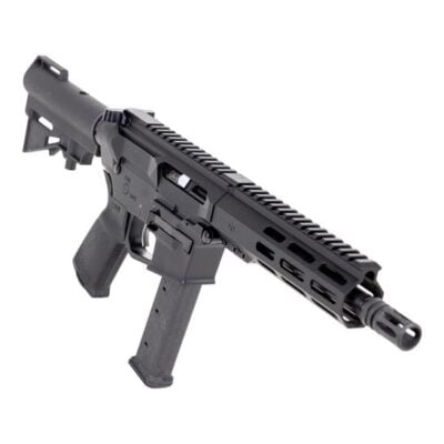 PSA AR9 with 8'' 9mm nitrided threaded barrel, flash can, HEX MLOK handguard, Glock magwell, Magpul grip, and H&R brace for $499 currently here