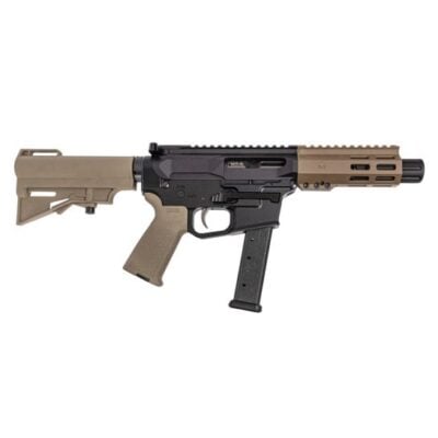 PSA Gen4 AR9 with 4'' 9mm nitrided threaded barrel, flash can muzzle device mounted under the FDE Hex MLOK handguard, Glock magwell/magazine, Magpul grip, and H&R adjustable brace for $499 currently here