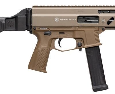 Grand Power FDE SP10A3 delayed blowback pistol with CHF threaded 10mm barrel, MLOK/1913 handguard, and folding SB Tactical brace for $1,564 (use request a price button) currently here: