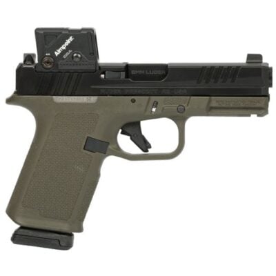Ruger Glock parts/mag compatible 15+1 RXM with OD green Magpul frame, CHF barrel, chassis system, direct milled Aimpoint COA red dot optic, and tritium front sight for $629 currently here