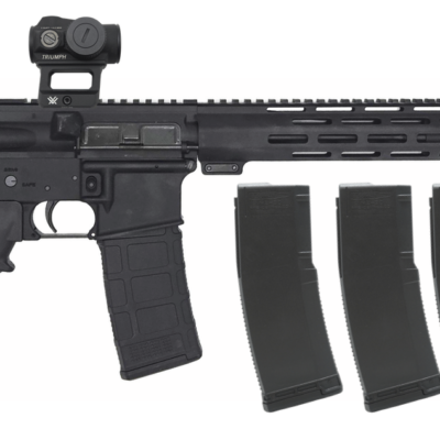 One Horse AR15 with 16'' 5.56 nitrided mid-length barrel, 15'' MLOK handguard, 5x magazines, and a Vortex Triumph red dot optic with 2 MOA dot and 2-5 year battery life for $499 here