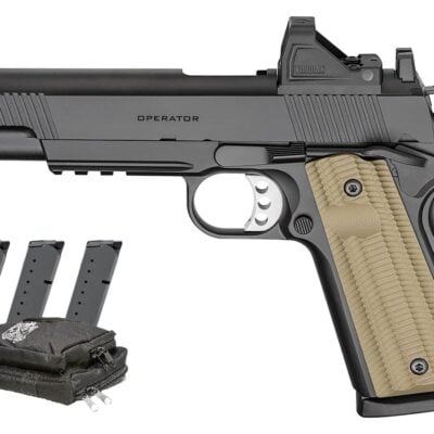 Springfield Operator 8+1 45ACP 1911 Gear Up package with tritium front sight, Agency AOS optics cut, ambi safety, G10 grips, rail, 4x magazines, Viridian green dot optic, & padded range case for $879 *shipped* here